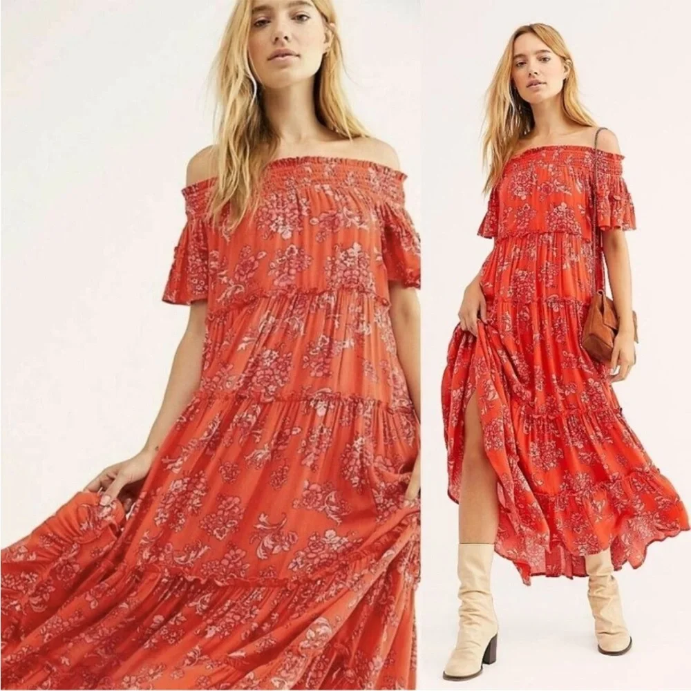 Free People Barclay Dress Maxi Off The Shoulder Floral Ruffle Orange Red